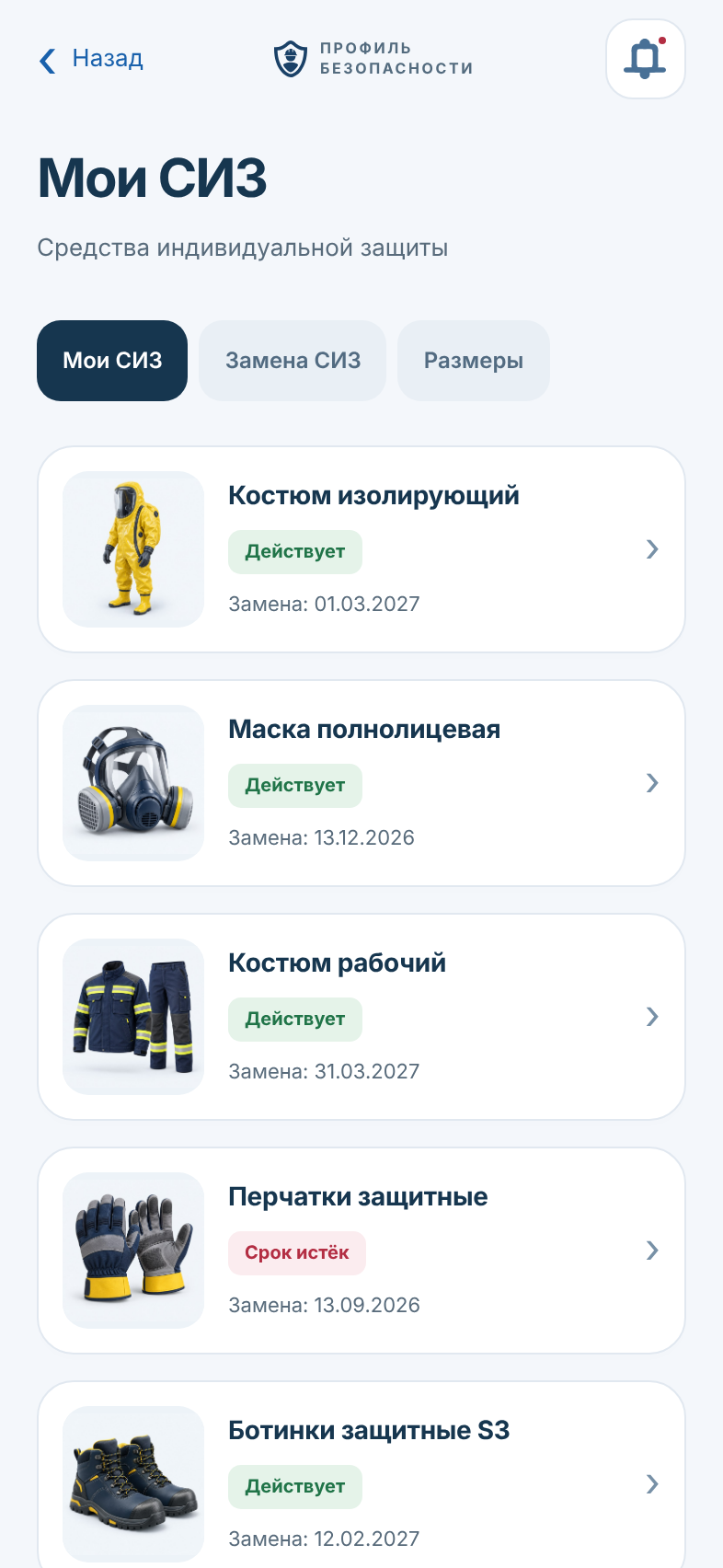 Экран Мои СИЗ